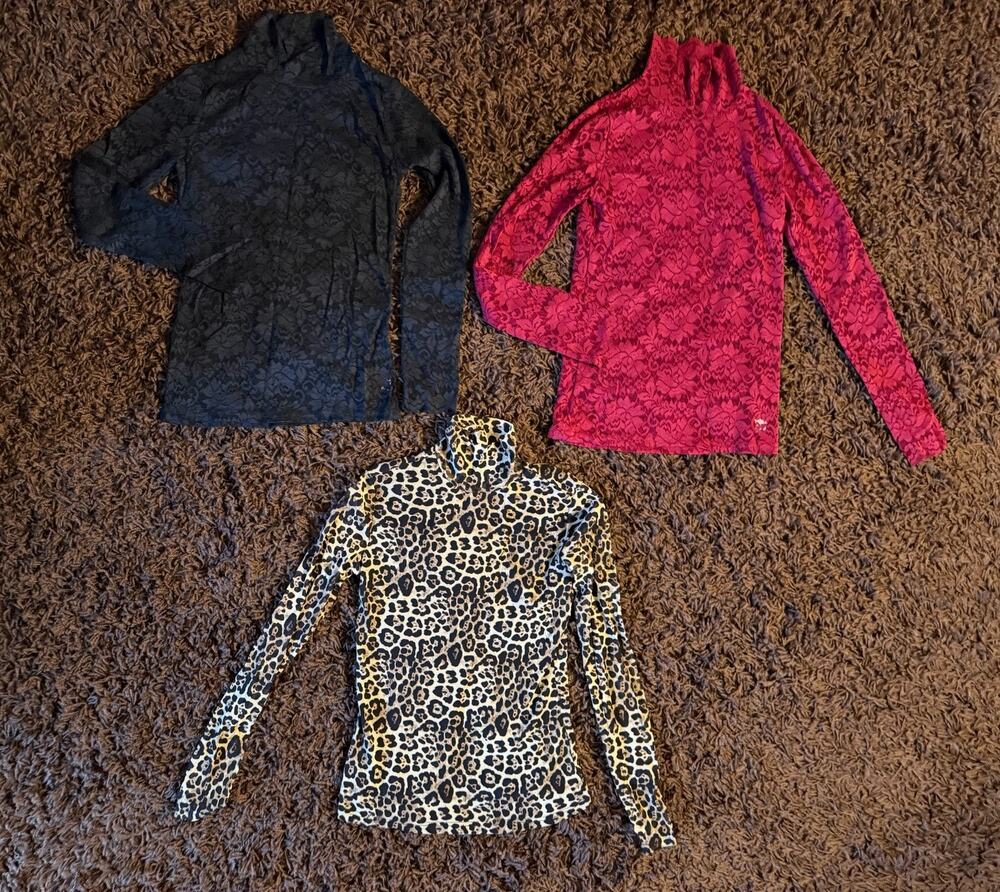 Lot of 3 Medium Semi Sheer Lace Mock Turtlenecks all NWOT! Leopard Red & Black